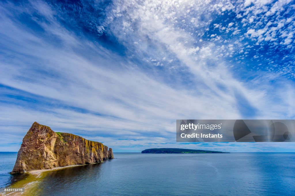 A look at the famous Rocher Percé (Perce Rock) and Bonaventure Island in the background, part of the Gaspé peninsula in the Canadian province of Quebec.