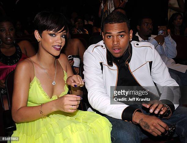 Singers Rihanna and Chris Brown attend the 2008 BET Awards at the Shrine Auditorium on June 24, 2008 in Los Angeles, California. **EXCLUSIVE**