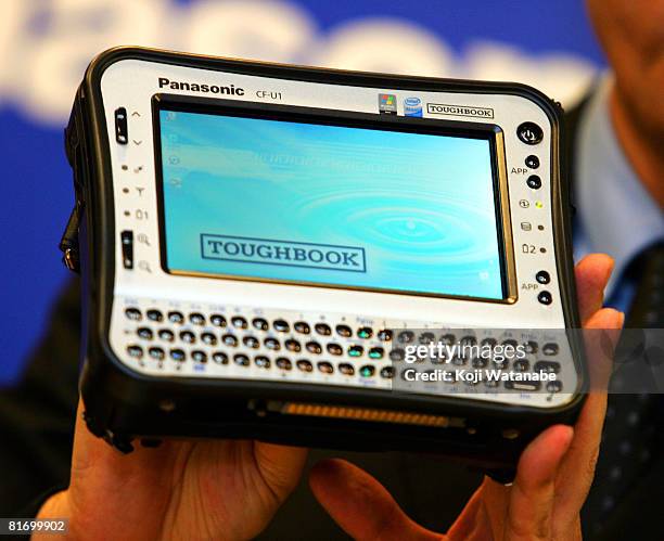 Matsushita Co Ltd's Panasonic new notebook computer "Toughbook CF-U1" are displayed at World Trade Center Building on June 25, 2008 in Tokyo, Japan....