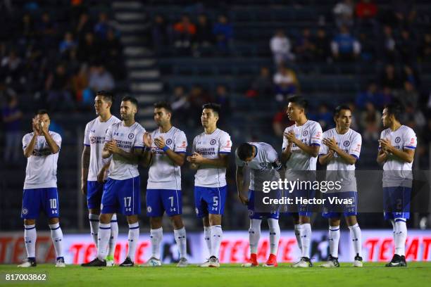 Players of Cruz Azul celebrate during the penalty shootout in a match between Cruz Azul and Porto as part of Super Copa Tecate at Azul Stadium on...