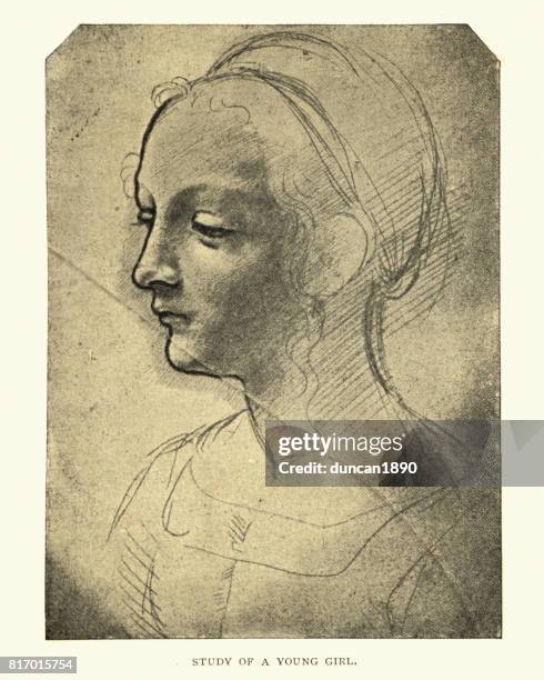 study of a young girl by leonardo da vinci - circa 15th century stock illustrations