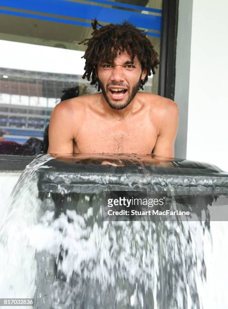 Mohamed Elneny of Arsenal takes an ice bath after a training session in Shanghai on July 18, 2017 in China.