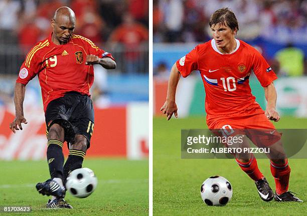This combo picture made on June 25, 2008 shows Spanish midfielder Marcos Senna shooting to score in the penalty shoot-outs during the Euro 2008...