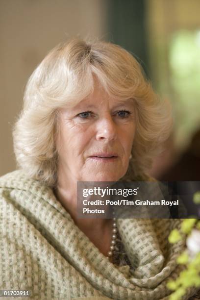 Camilla, Duchess of Cornwall, a member of the WI, meets members of the Myddfai Women's Institute at the village hall in Myddfai, near Llandovery on...