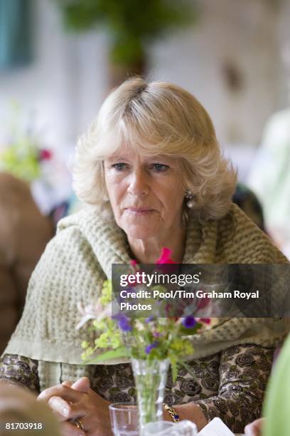 Camilla, Duchess of Cornwall, a member of the WI, meets members of the Myddfai Women's Institute at the village hall in Myddfai, near Llandovery on...