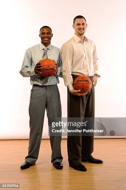 Former teammates Kevin Love and Russell Westbrook pose for a portrait during media availability for the 2008 NBA Draft on June 25, 2008 at The Westin...