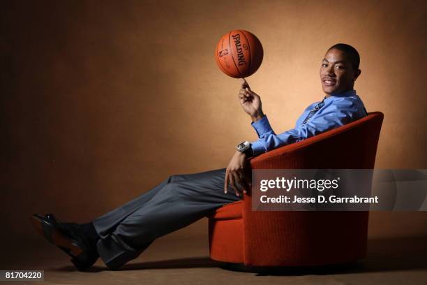 Draft Prospect Derrick Rose poses for a portrait during media availability for the 2008 NBA Draft on June 25, 2008 at The Westin Hotel in Times...