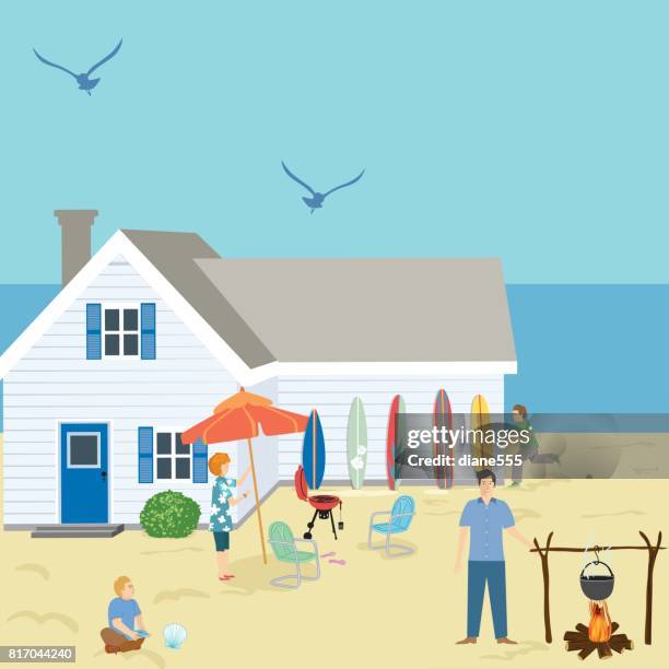 camping vacation backgrounds with lots of elements - lake house stock illustrations