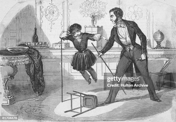 French magician Jean Eugene Robert-Houdin performing his 'Ethereal Suspension' levitation trick, assisted by his son, circa 1850.