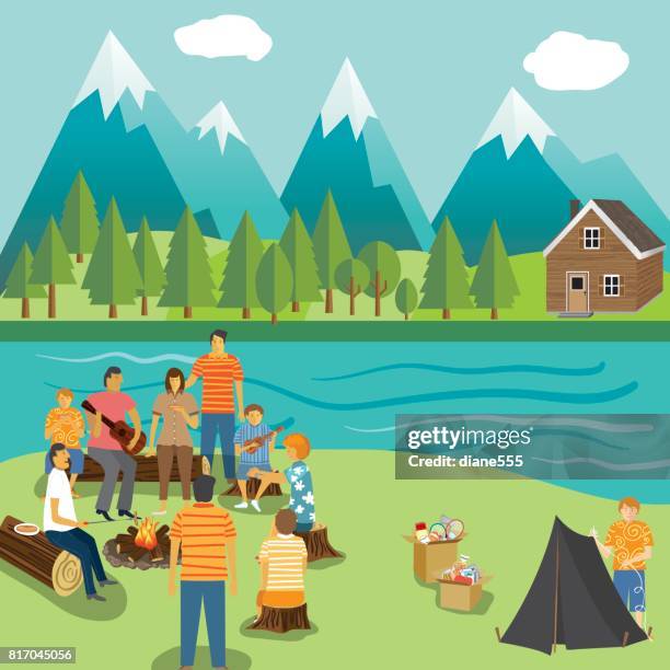 camping vacation backgrounds with lots of elements - cabin stock illustrations