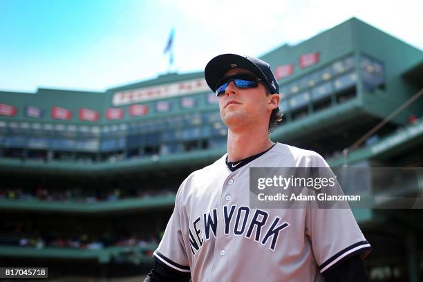 Bryan Mitchell of the New York Yankees looks on before game one of a doubleheader against the Boston Red Sox at Fenway Park on July 16, 2017 in...