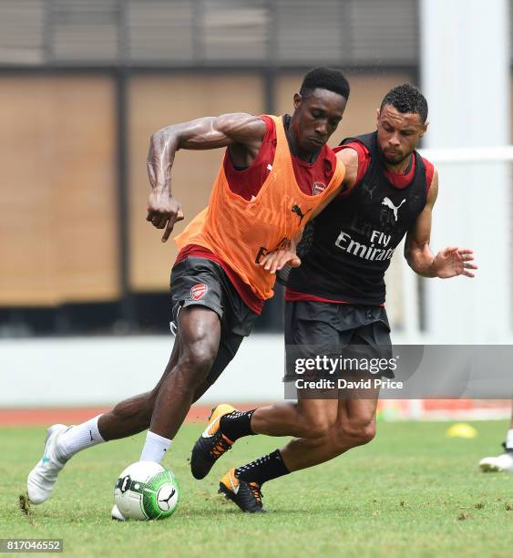 Danny Welbeck and Francis Coquelin of Arsenal during an Arsenal Training Session at Yuanshen Sports Centre Stadium on July 18, 2017 in Shanghai,...