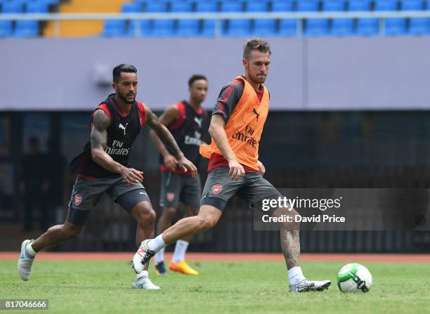 Aaron Ramsey and Theo Walcott of Arsenal during an Arsenal Training Session at Yuanshen Sports Centre Stadium on July 18, 2017 in Shanghai, China.
