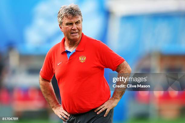 Guus Hiddink coach of Russia looks on during Russia training at Ernst Happel Stadion on June 25, 2008 in Vienna, Austria. Russia will play Spain in...