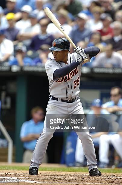 Ramon Santiago of the Detroit Tigers bats during the game against the Kansas City Royals at Kauffman Stadium in Kansas City, Missouri on May 15,...
