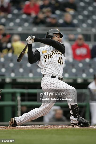 Ryan Doumit of the Pittsburgh Pirates swings during the game against the Atlanta Braves at PNC Park in Pittsburgh, Pennsylvania on May 12, 2008. The...