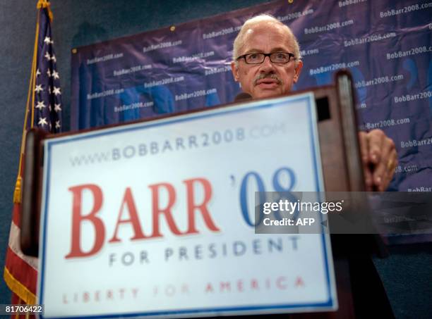 Libertarian presidential hopeful Bob Barr speaks about recent Supreme Court decisions at the National Press Club in Washington on June 25, 2008. Barr...