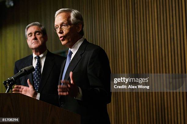 President and CEO of the National Center for Missing & Exploited Children Ernie Allen speaks as FBI Director Robert Mueller listens during a news...