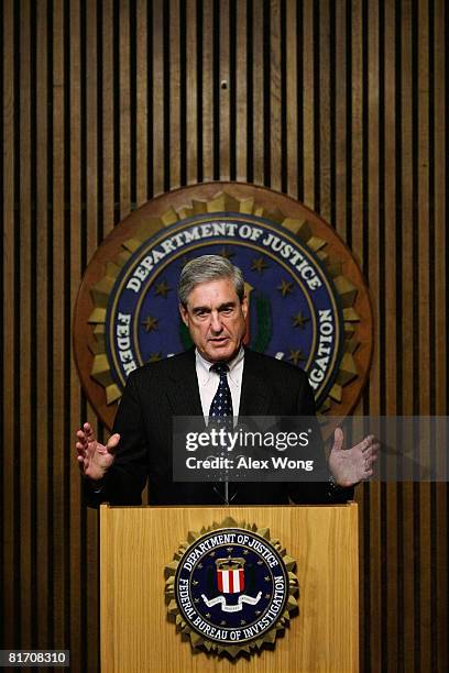 Director Robert Mueller speaks during a news conference at the FBI headquarters June 25, 2008 in Washington, DC. The news conference was to mark the...