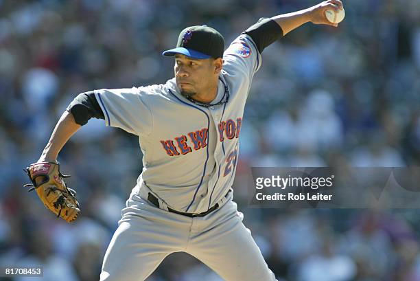 Pedro Feliciano of the New York Mets pitches during the game against the Colorado Rockies at Coors Field in Denver, Colorado on May 24, 2008. The...