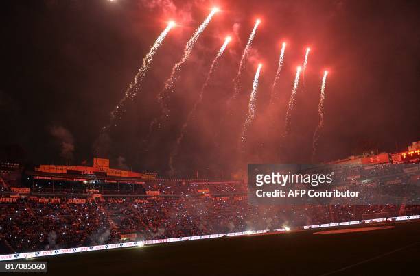 Fireworks are displayed during half-time during the match between Cruz Azul of Mexico and FC Porto of Portugal during their "Super Copa Tecate"...
