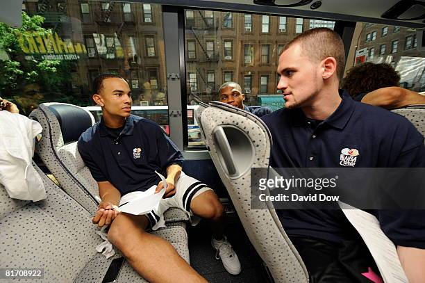Draft Prospects Jerryd Bayless and Kevin Love talk on the bus on the way to a NBA Cares Special Olympics Clinic at John Jay College on June 25, 2008...