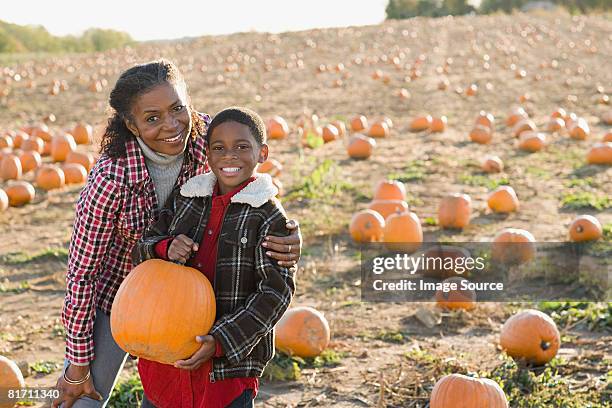 portrait of a grandmother and grandson - pumpkin patch stock pictures, royalty-free photos & images