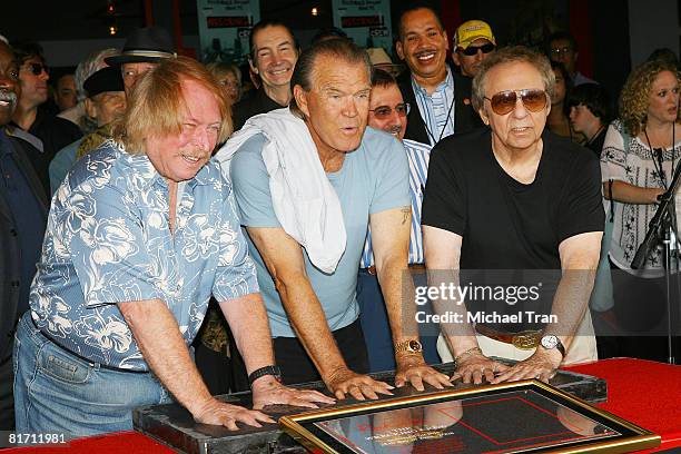 Musicians Don Randi, Glen Cambell and Hal Blaine of The Wreaking Crew are inducted into Hollywood's RockWalk at the Guitar Center on June 25, 2008 in...