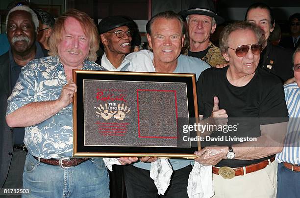 Musicians Don Randi, Glen Cambell and Hal Blaine of The Wreaking Crew are inducted into Hollywood's RockWalk at the Guitar Center on June 25, 2008 in...