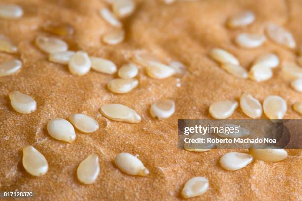 sesame seeds white bread bun roll, close up or macro. bakery fresh food products made with wheat flour - sesame stock pictures, royalty-free photos & images