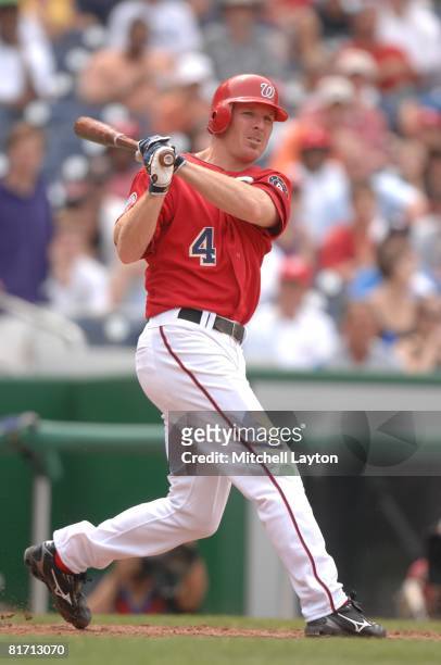 Pete Orr of the Washington Nationals bats during a baseball game against the Texas Rangers on June 22, 2008 at Nationals Park in Washington D.C.