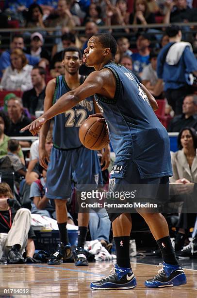 Randy Foye of the Minnesota Timberwolves sets the play against the Orlando Magic during the game on April 11, 2008 at Amway Arena in Orlando,...