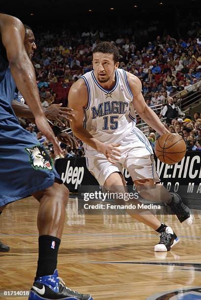 Hedo Turkoglu of the Orlando Magic drives to the basket against Kirk Snyder of the Minnesota Timberwolves during the game on April 11, 2008 at Amway...