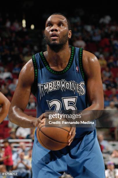 Al Jefferson of the Minnesota Timberwolves shoots a free throw against the Orlando Magic during the game on April 11, 2008 at Amway Arena in Orlando,...