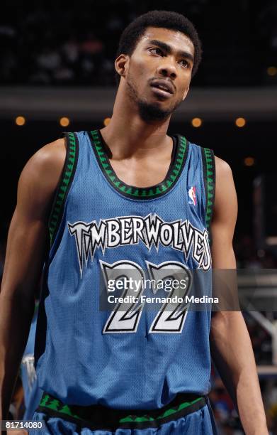 Corey Brewer of the Minnesota Timberwolves reacts during the game against the Orlando Magic on April 11, 2008 at Amway Arena in Orlando, Florida. The...