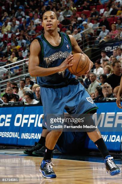 Randy Foye of the Minnesota Timberwolves looks to pass the ball against the Orlando Magic during the game on April 11, 2008 at Amway Arena in...