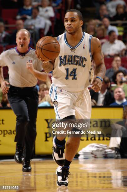 Jameer Nelson of the Orlando Magic brings the ball upcourt against the Minnesota Timberwolves during the game on April 11, 2008 at Amway Arena in...