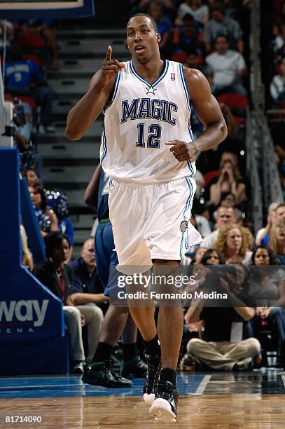 Dwight Howard of the Orlando Magic reacts to a play during the game against the Minnesota Timberwolves on April 11, 2008 at Amway Arena in Orlando,...