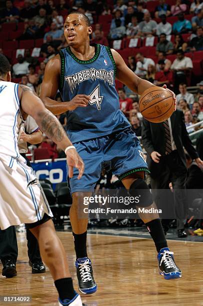 Randy Foye of the Minnesota Timberwolves looks to maneuver against the Orlando Magic during the game on April 11, 2008 at Amway Arena in Orlando,...