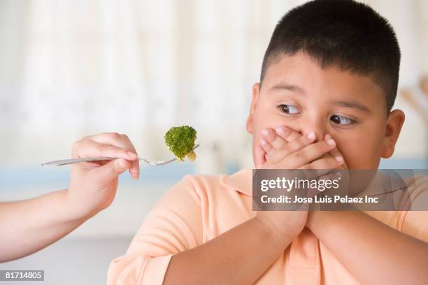 hispanic boy covering mouth next to broccoli - angry parent mealtime stock pictures, royalty-free photos & images