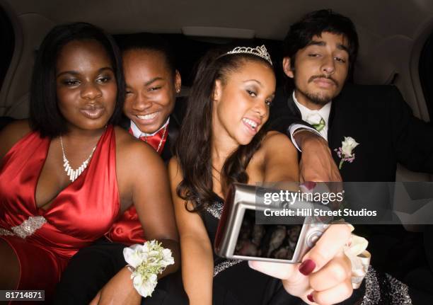 multi-ethnic teenagers in limousine - boy tiara stock pictures, royalty-free photos & images