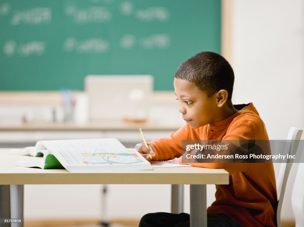 Mixed Race boy studying