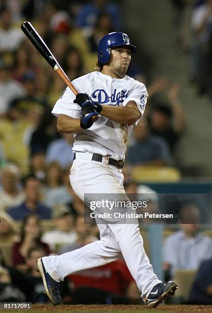 Blake DeWitt of the Los Angeles Dodgers hits a 2 RBI double against the Chicago White Sox during the fourth inning of the interleague game at Dodger...