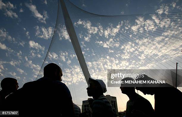 Israelis gather before in the inauguration ceremony of the 'Chords Bridge' , designed by Spanish architect Santiago Calatrava, at the main entrance...