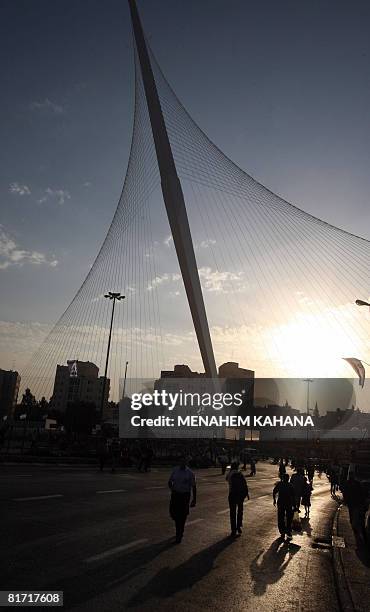 Israelis gather before in the inauguration ceremony of the 'Chords Bridge' , designed by Spanish architect Santiago Calatrava, at the main entrance...