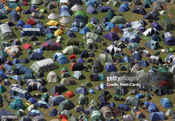 Aerial view of hundreds of the tents that fill the camping fields at the Glastonbury Festival at Worthy Farm, Pilton on June 26, 2008 in Glastonbury,...