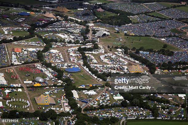 Aerial view as people move around the site at the Glastonbury Festival at Worthy Farm, Pilton on June 26 2008 in Glastonbury, Somerset, England. The...