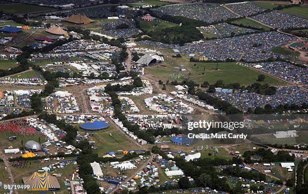 Aerial view as people move around the site at the Glastonbury Festival at Worthy Farm, Pilton on June 26 2008 in Glastonbury, Somerset, England. The...