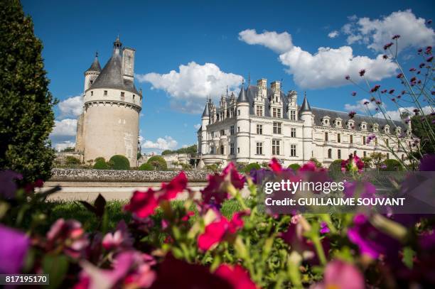 This photograph taken on July 17 shows a view of Chateau Chenonceaux from the gardens on the River Cher, some 30kms east of Tours. - Built in 1513 by...