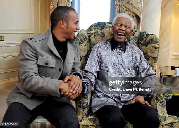 Lewis Hamilton meets with Nelson Mandela ahead of the 46664 concert being held in Hyde Park on Friday the 27th of June, at the Dorchester Hotel on...